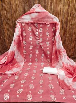 Peach floral cotton salwar suit material with tie-dye dupatta 4