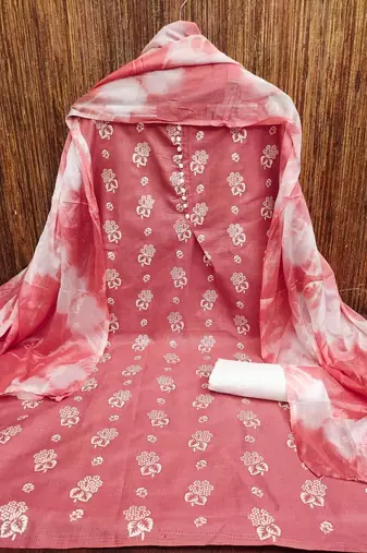 Peach floral cotton salwar suit material with tie-dye dupatta