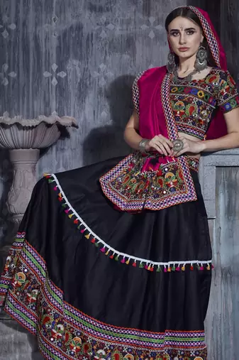 Black and Pink Indian Designer Special Gamthi Work Lehenga choli with Traditional Dupatta for this Navratri