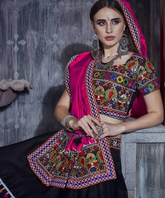 Black and Pink Indian Designer Special Gamthi Work Lehenga choli with Traditional Dupatta for this Navratri 2