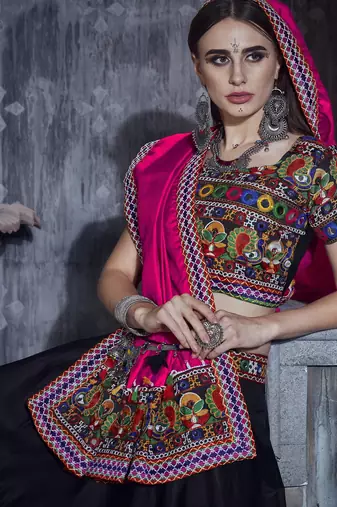 Black and Pink Indian Designer Special Gamthi Work Lehenga choli with Traditional Dupatta for this Navratri