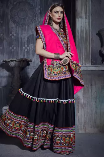 Black and Pink Indian Designer Special Gamthi Work Lehenga choli with Traditional Dupatta for this Navratri