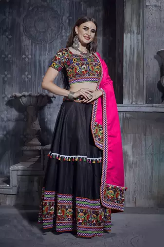 Black and Pink Indian Designer Special Gamthi Work Lehenga choli with Traditional Dupatta for this Navratri