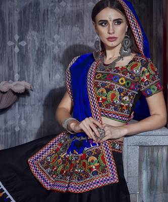 Black and blue Gamthi work Navratri raas garba Rajwadi chaniya choli with traditional dupatta 2
