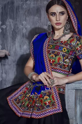Black and blue Gamthi work Navratri raas garba Rajwadi chaniya choli with traditional dupatta