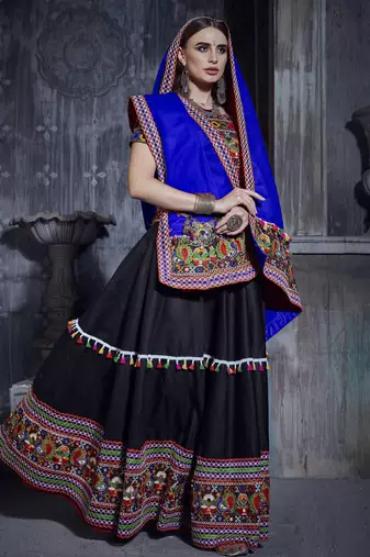 Black and blue Gamthi work Navratri raas garba Rajwadi chaniya choli with traditional dupatta