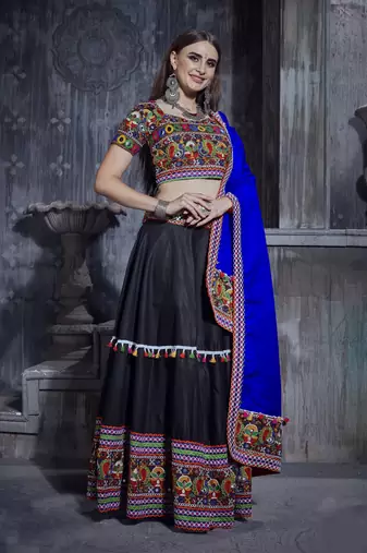 Black and blue Gamthi work Navratri raas garba Rajwadi chaniya choli with traditional dupatta