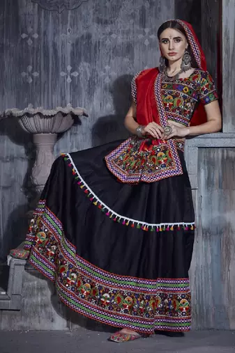 Black and Red Gamthi work Navratri Rajwadi gharga choli with traditional dupatta