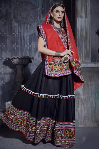 Black and Red Gamthi work Navratri Rajwadi gharga choli with traditional dupatta