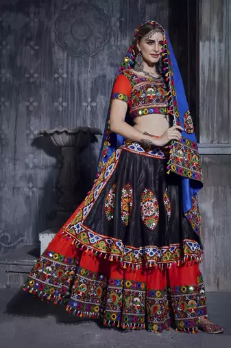 Red and Black Designer Special Gamthi Work Lehenga choli with Traditional Dupatta for this Navratri