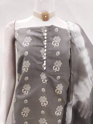 Grey floral cotton salwar suit material with tie-dye dupatta 3