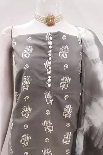Grey floral cotton salwar suit material with tie-dye dupatta