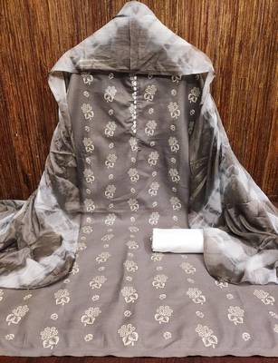 Grey floral cotton salwar suit material with tie-dye dupatta 4