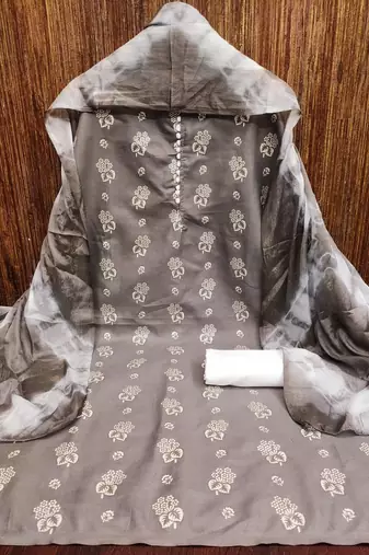 Grey floral cotton salwar suit material with tie-dye dupatta