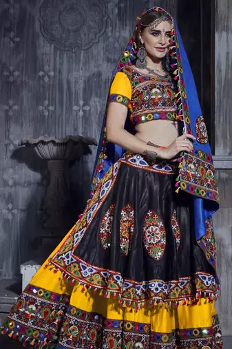 Yellow and Black Gamthi work Rajwadi dress with blue Traditional Dupatta for this Navratri garba