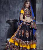Yellow and Black Gamthi work Rajwadi dress with blue Traditional Dupatta for this Navratri garba