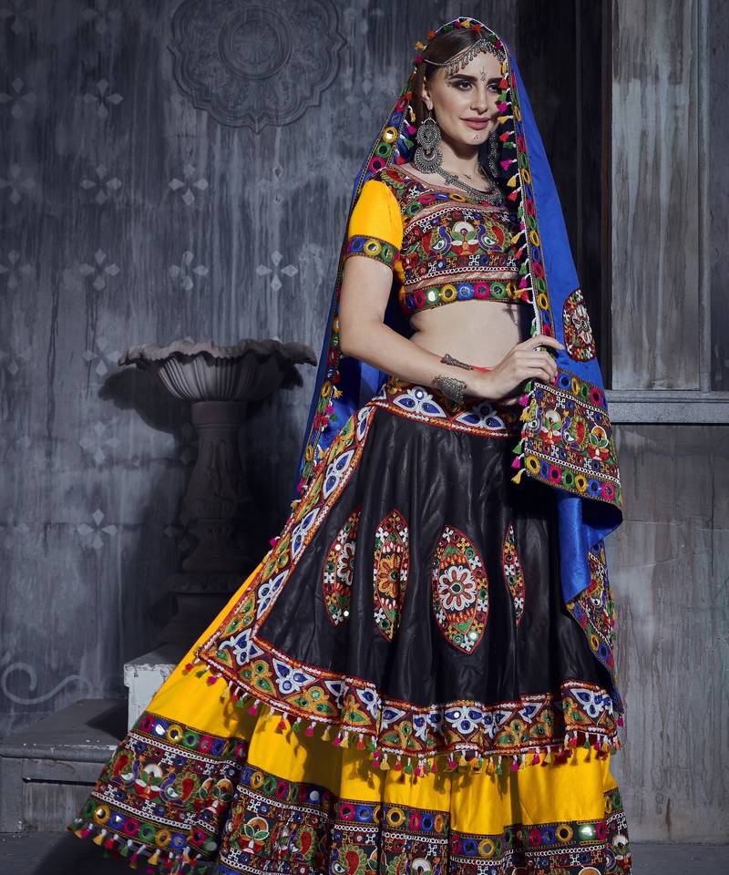 Yellow and Black Gamthi work Rajwadi dress with blue Traditional Dupatta for this Navratri garba