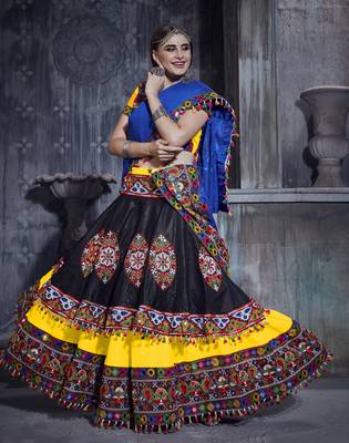Yellow and Black Gamthi work Rajwadi dress with blue Traditional Dupatta for this Navratri garba 3