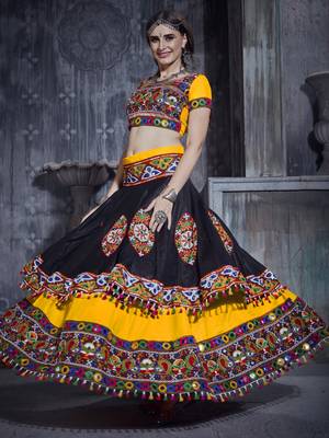 Yellow and Black Gamthi work Rajwadi dress with blue Traditional Dupatta for this Navratri garba 4
