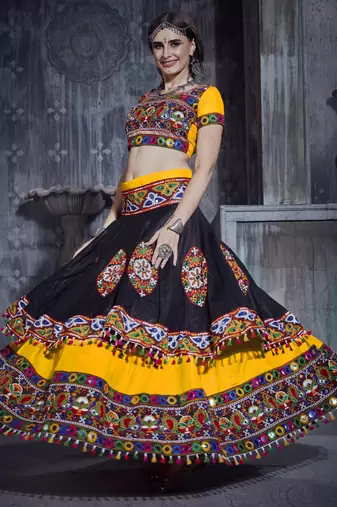 Yellow and Black Gamthi work Rajwadi dress with blue Traditional Dupatta for this Navratri garba