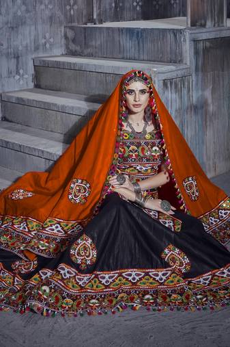 Black and orange Designer Special Gamthi Work Lehenga choli with Traditional Dupatta for this Navratri