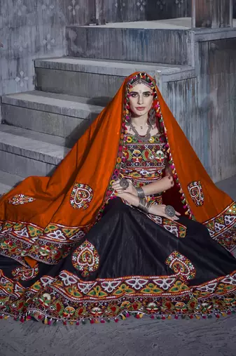 Black and orange Designer Special Gamthi Work Lehenga choli with Traditional Dupatta for this Navratri