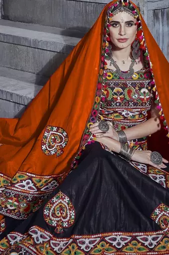 Black and orange Designer Special Gamthi Work Lehenga choli with Traditional Dupatta for this Navratri