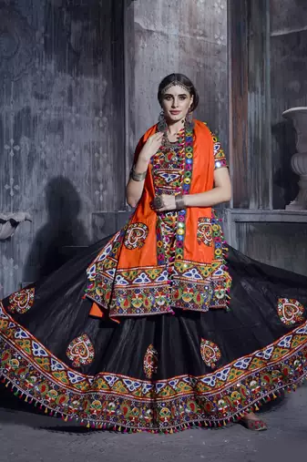 Black and orange Designer Special Gamthi Work Lehenga choli with Traditional Dupatta for this Navratri