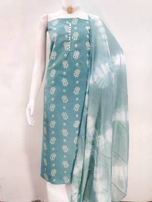 Aqua blue floral cotton salwar suit material with tie-dye dupatta 2