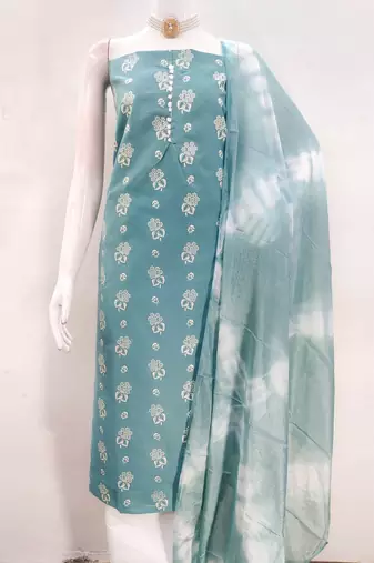Aqua blue floral cotton salwar suit material with tie-dye dupatta