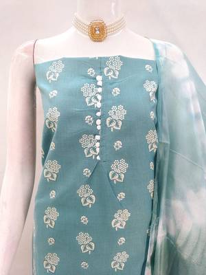 Aqua blue floral cotton salwar suit material with tie-dye dupatta 3