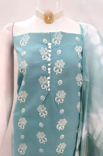 Aqua blue floral cotton salwar suit material with tie-dye dupatta
