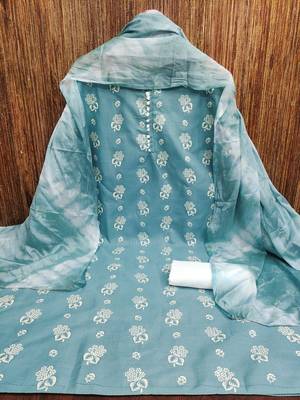 Aqua blue floral cotton salwar suit material with tie-dye dupatta 4