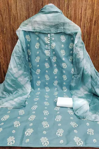 Aqua blue floral cotton salwar suit material with tie-dye dupatta