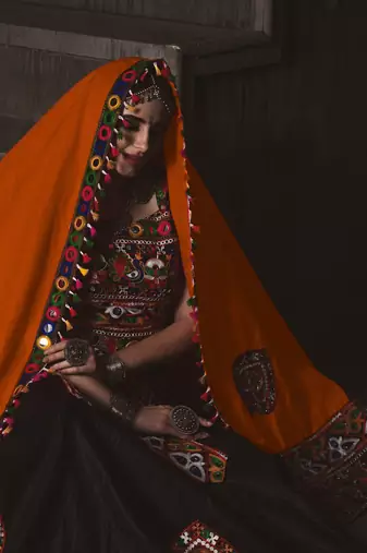 Black and orange Designer Special Gamthi Work Lehenga choli with Traditional Dupatta for this Navratri