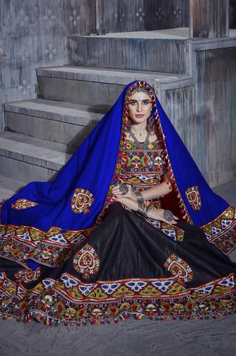 Black and blue Gamthi work Rajwadi chaniya choli with Traditional Dupatta for this Navratri