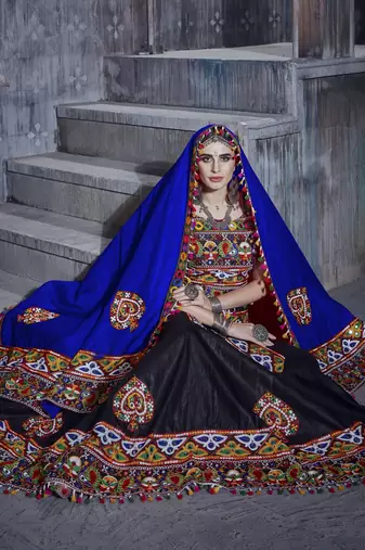 Black and blue Gamthi work Rajwadi chaniya choli with Traditional Dupatta for this Navratri