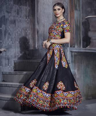 Black and blue Gamthi work Rajwadi chaniya choli with Traditional Dupatta for this Navratri 2