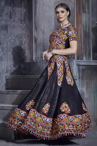 Black and blue Gamthi work Rajwadi chaniya choli with Traditional Dupatta for this Navratri