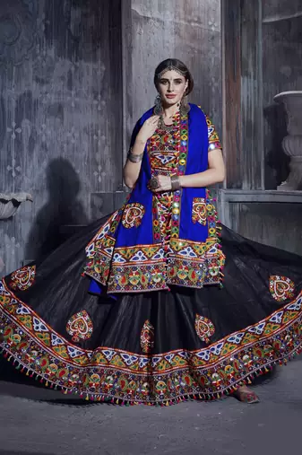 Black and blue Gamthi work Rajwadi chaniya choli with Traditional Dupatta for this Navratri