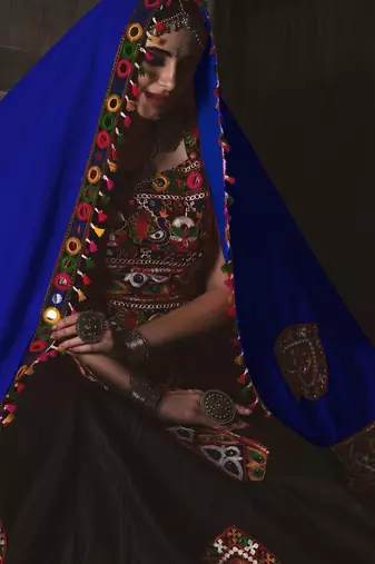 Black and blue Gamthi work Rajwadi chaniya choli with Traditional Dupatta for this Navratri