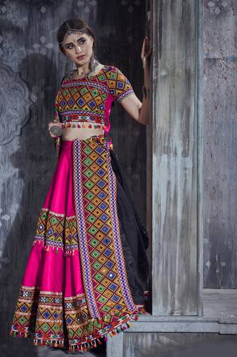 Pink and black Designer Special Gamthi Work Lehenga choli with Traditional Dupatta for this Navratri