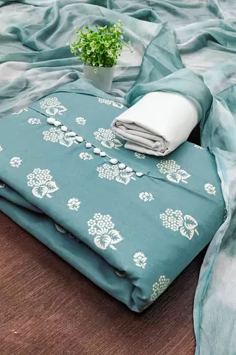 Aqua blue floral cotton salwar suit material with tie-dye dupatta