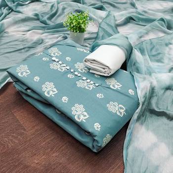 Aqua blue floral cotton salwar suit material with tie-dye dupatta 6