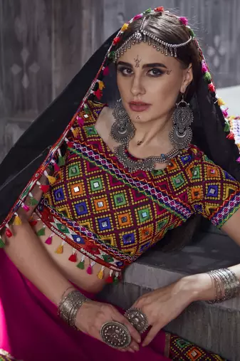 Pink and black Designer Special Gamthi Work Lehenga choli with Traditional Dupatta for this Navratri