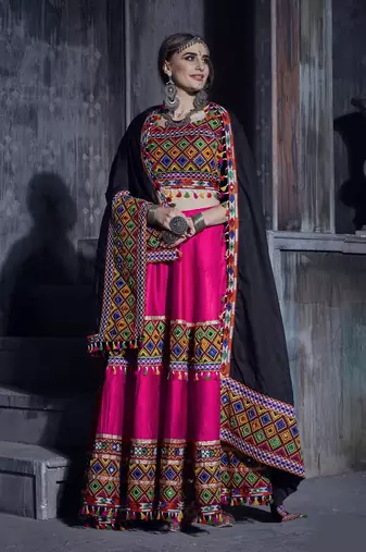 Pink and black Designer Special Gamthi Work Lehenga choli with Traditional Dupatta for this Navratri