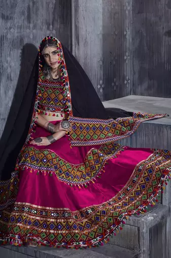 Pink and black Designer Special Gamthi Work Lehenga choli with Traditional Dupatta for this Navratri