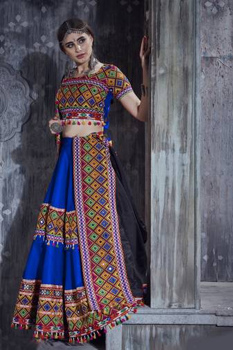 Blue and black Gamthi work Navratri Rajwadi designer indian chaniya choli and traditional dupatta