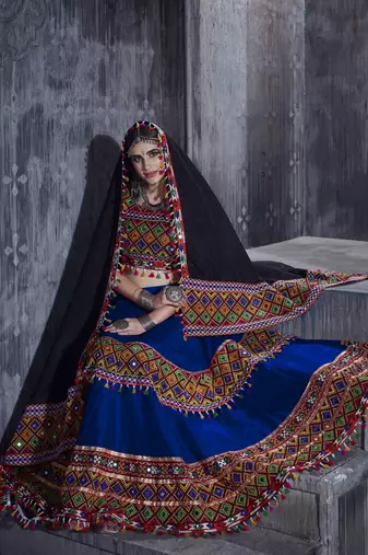 Blue and black Gamthi work Navratri Rajwadi designer indian chaniya choli and traditional dupatta
