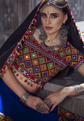 Blue and black Gamthi work Navratri Rajwadi designer indian chaniya choli and traditional dupatta 3